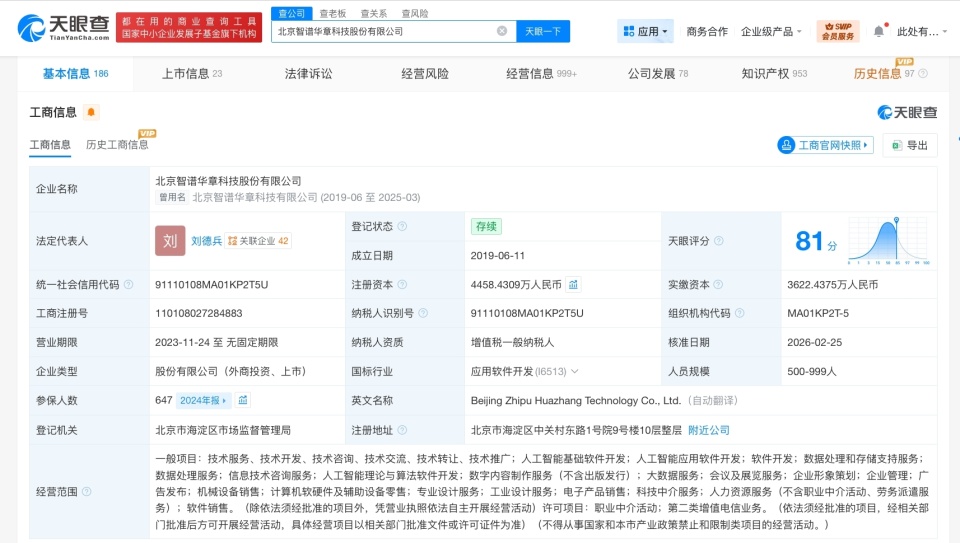 智譜AI完成新一輪增資，注冊資本增至4458.4萬元，發力數字內容制作服務